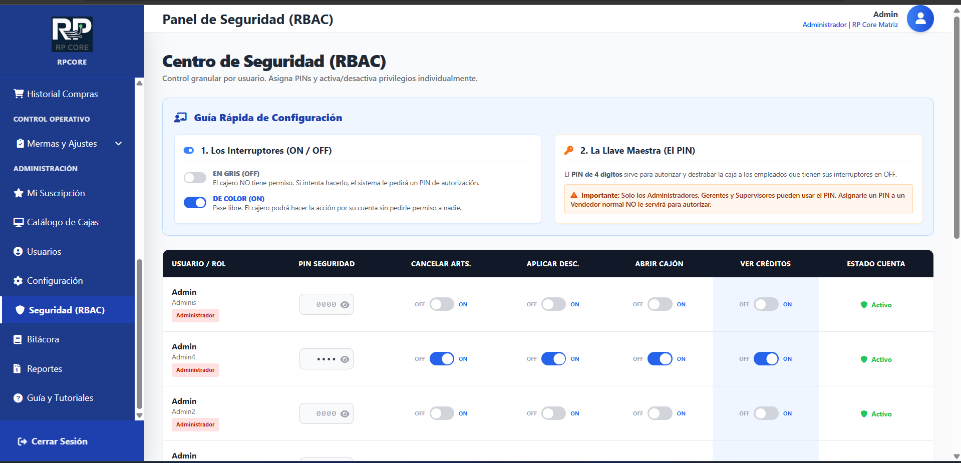Panel de Seguridad RP Core